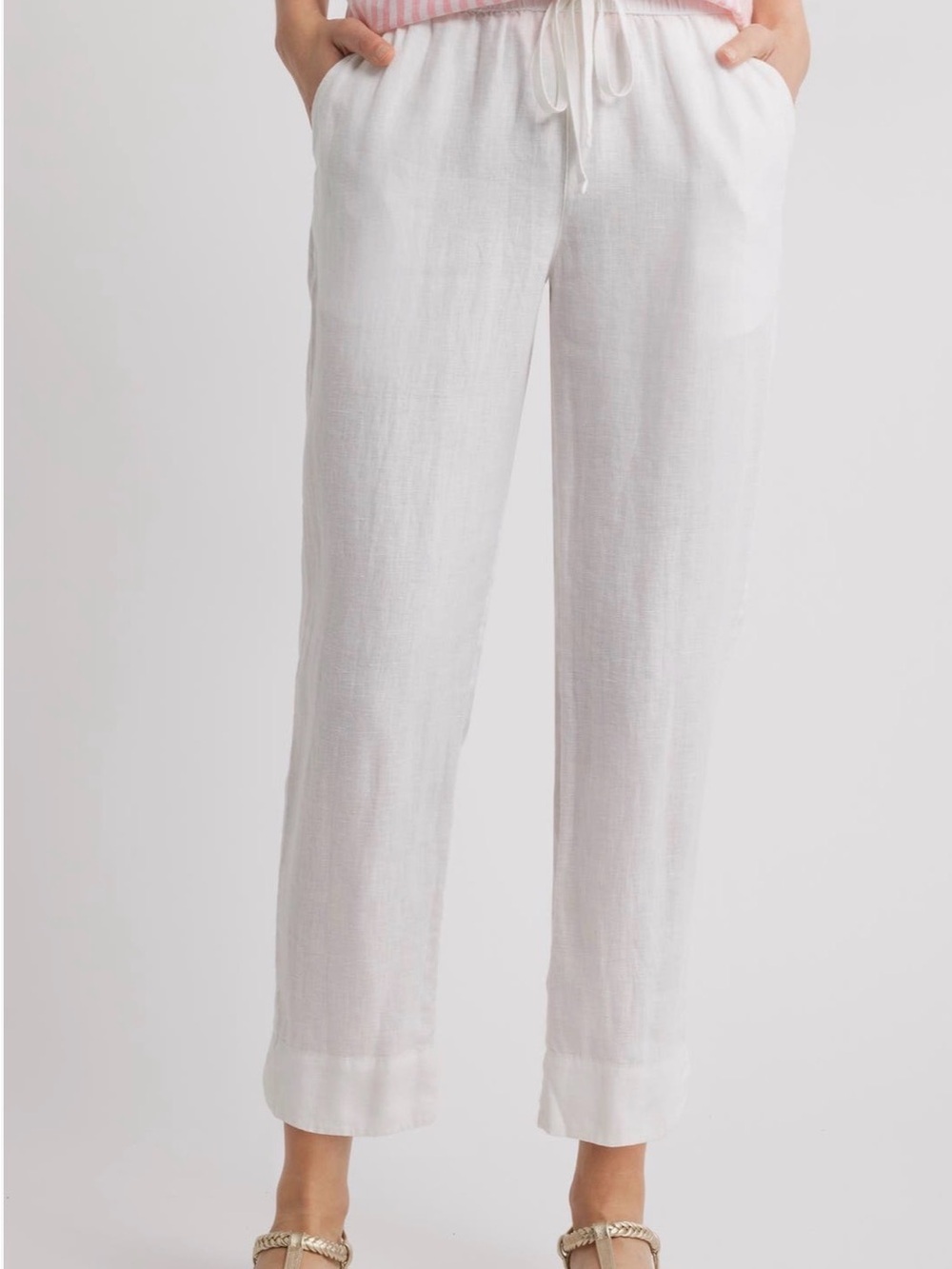 Caslon 100% Linen White Tapered Crop Pants Drawstring Elastic Waist Size Medium